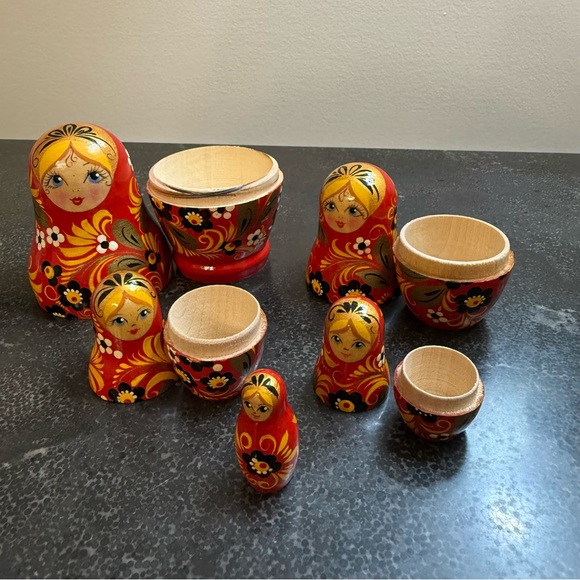 Vibrant Red and Yellow Floral Matryoshka Doll - Picture 3 of 9